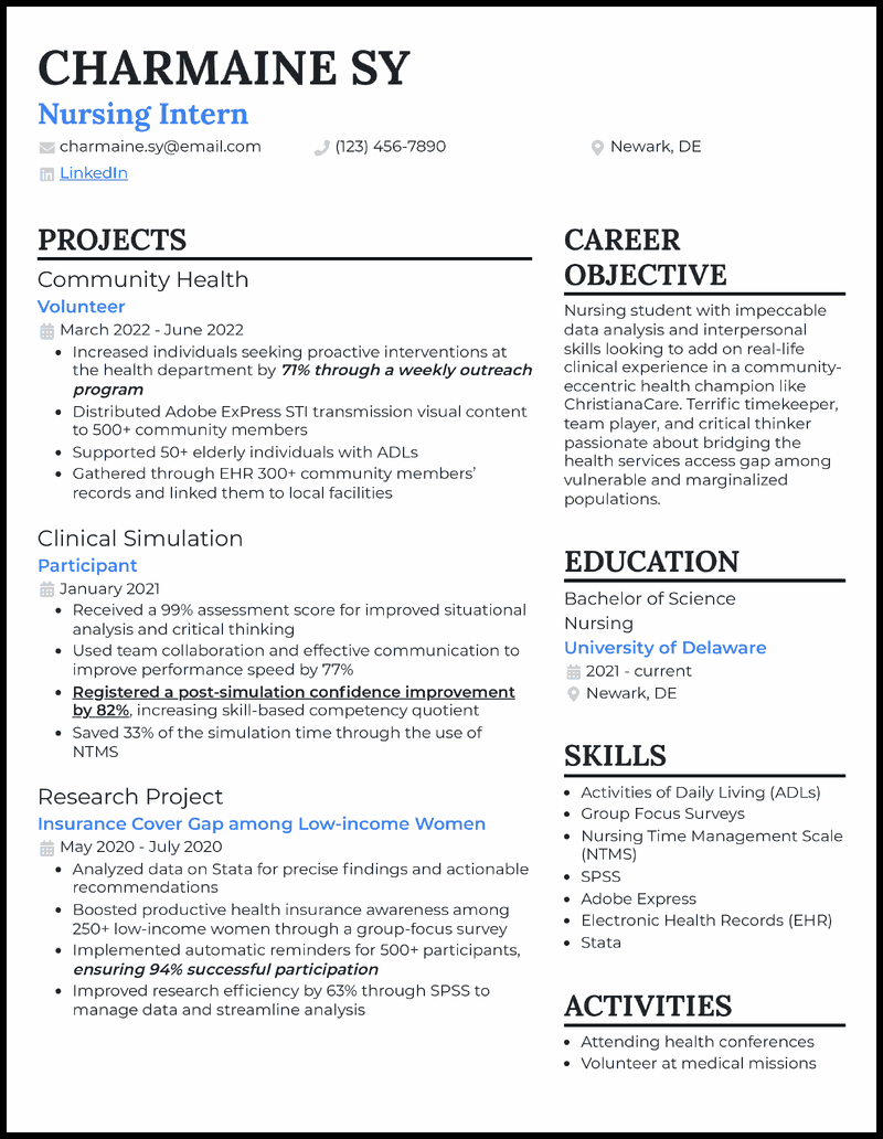 resume for nursing students