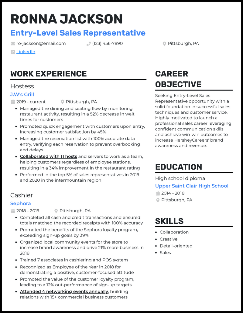 3 Beginner Sales Representative Resume Examples For 2024   Beginner Sales Representative Standout Resume Example 