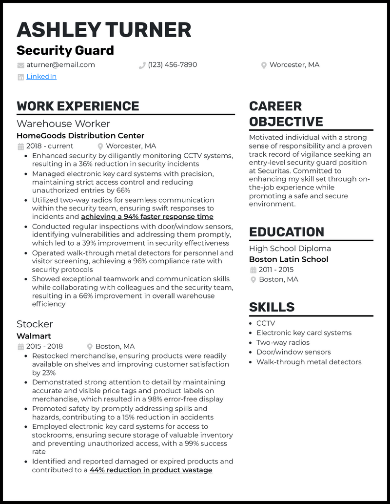 7 Security Guard Resume Examples - Beginner Security Guard Black Resume Example 