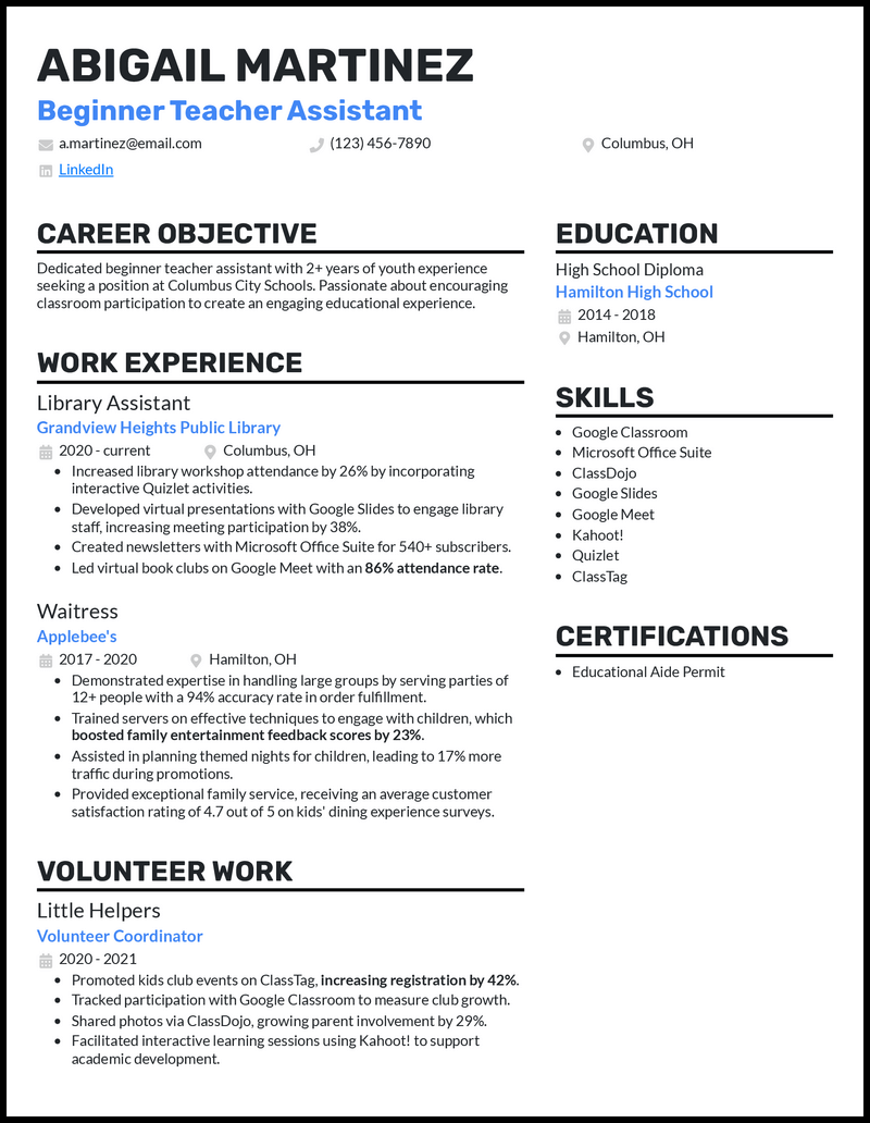 Beginner teacher assistant resume example with 2+ years of experience