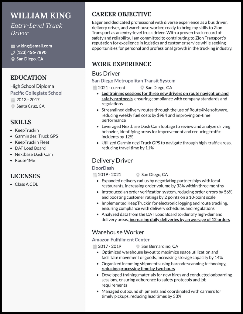 5 Beginner Truck Driver Resume - Beginner Truck Driver 2 Gray Resume Example 