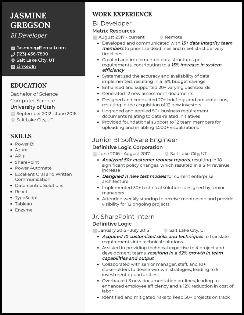 Bi developer resume example with 6+ years experience