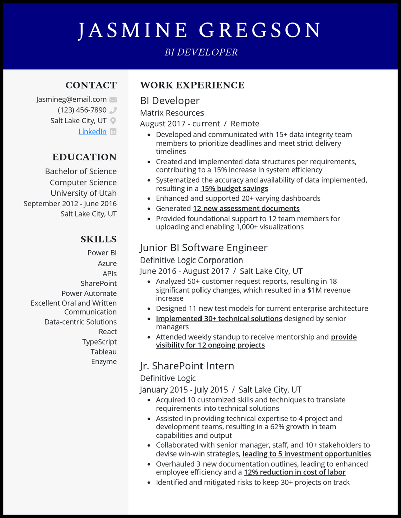 Formal bi developer resume example with 6+ years experience