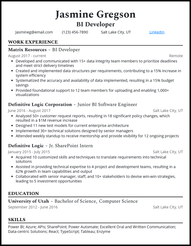 Elegant bi developer resume example with 6+ years experience