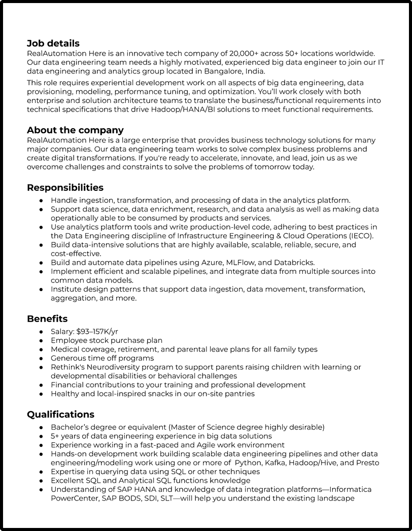 Big Data Engineer Job Description Template