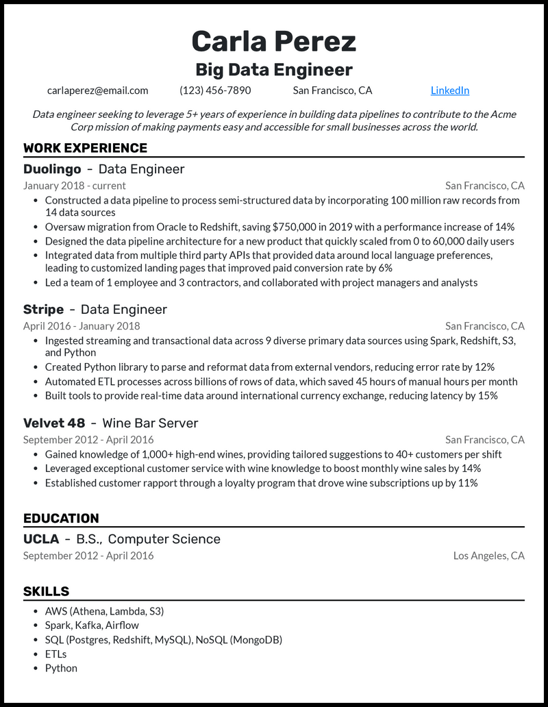 Professional big data engineer resume example with 8+ years experience