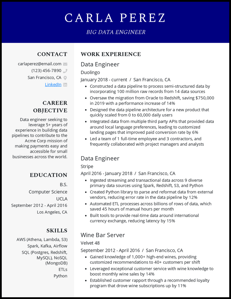 Big data engineer resume example with 7 years of experience