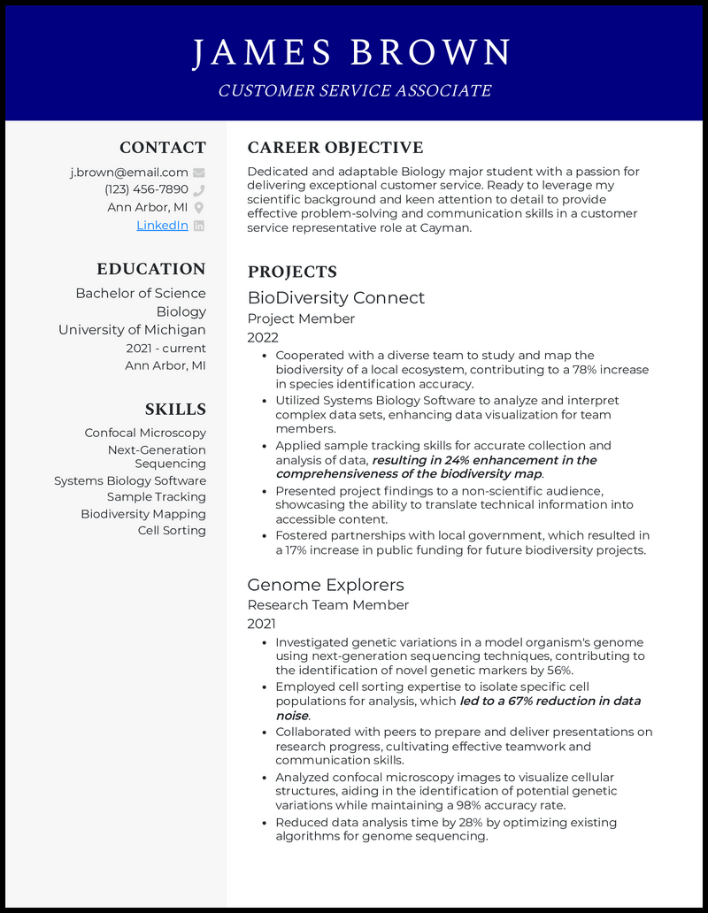 Biology major resume example with project research experience