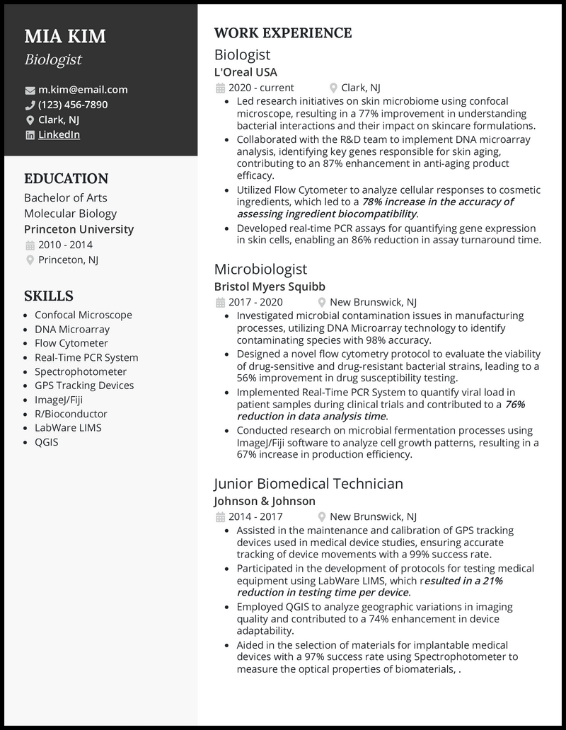 Biology resume example with 9 years experience