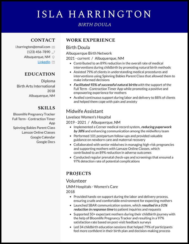 Birth Doula resume example with 4 years of experience