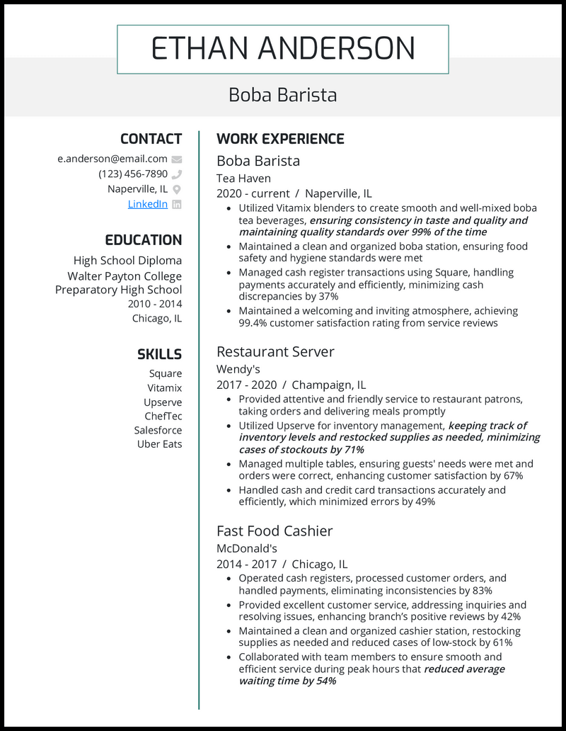 Boba barista resume example with 9 years of experience