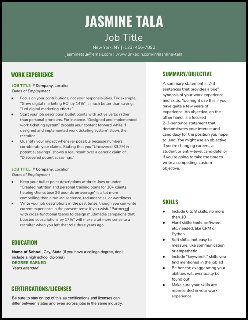 Bold Google Docs resume template with green contact header