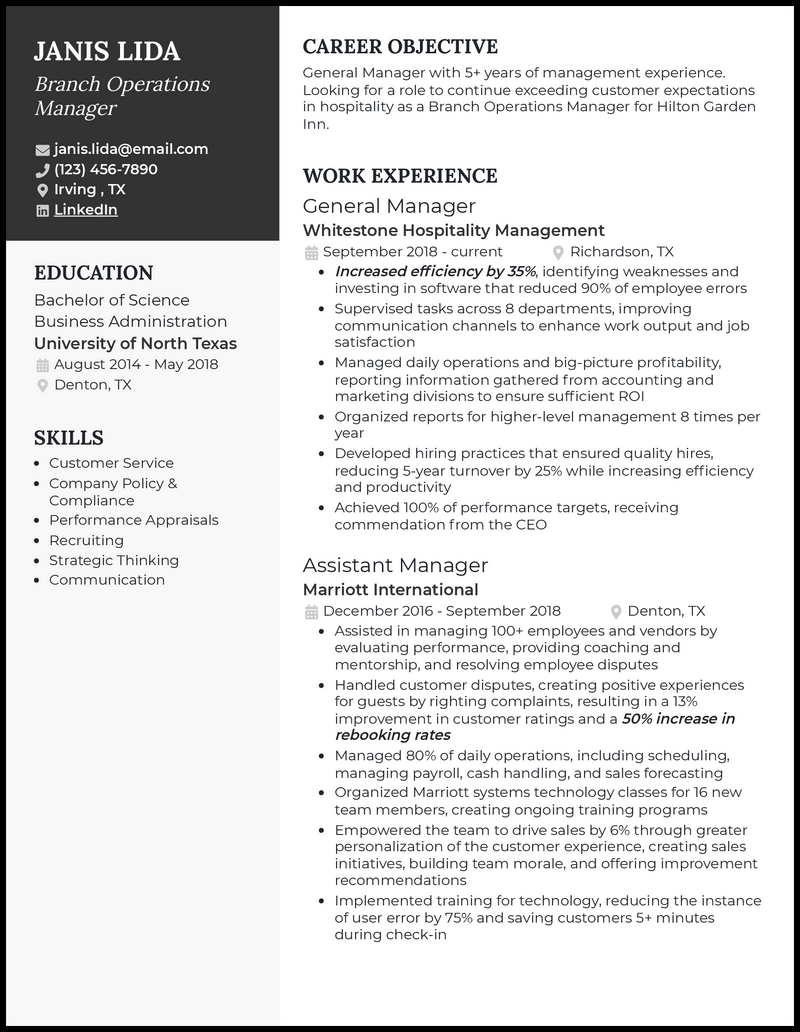 Branch operations manager resume example with 8+ years experience