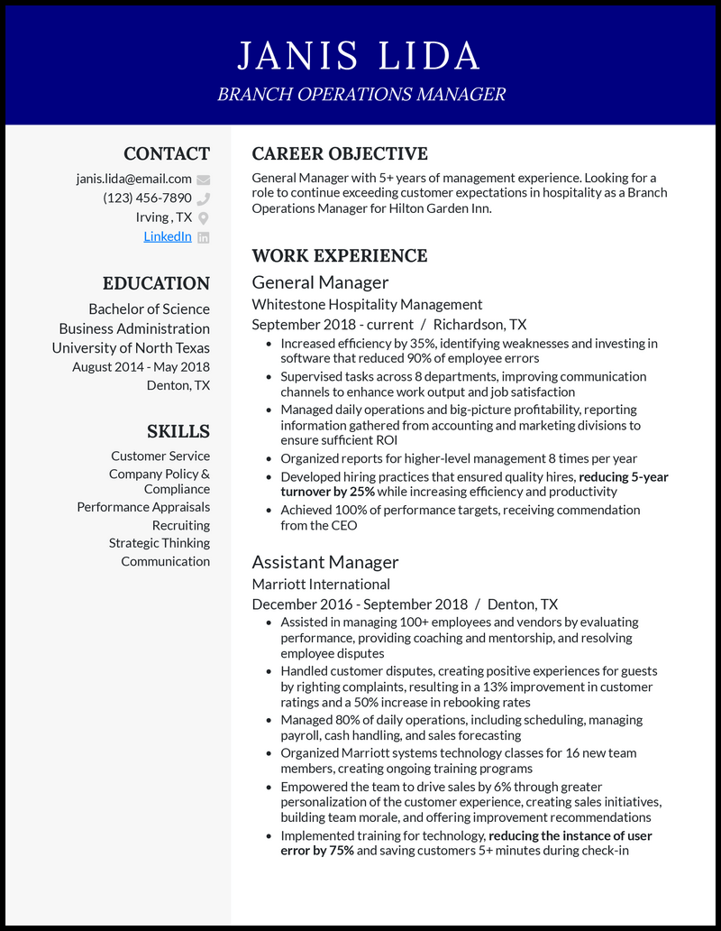 Clean branch operations manager resume example