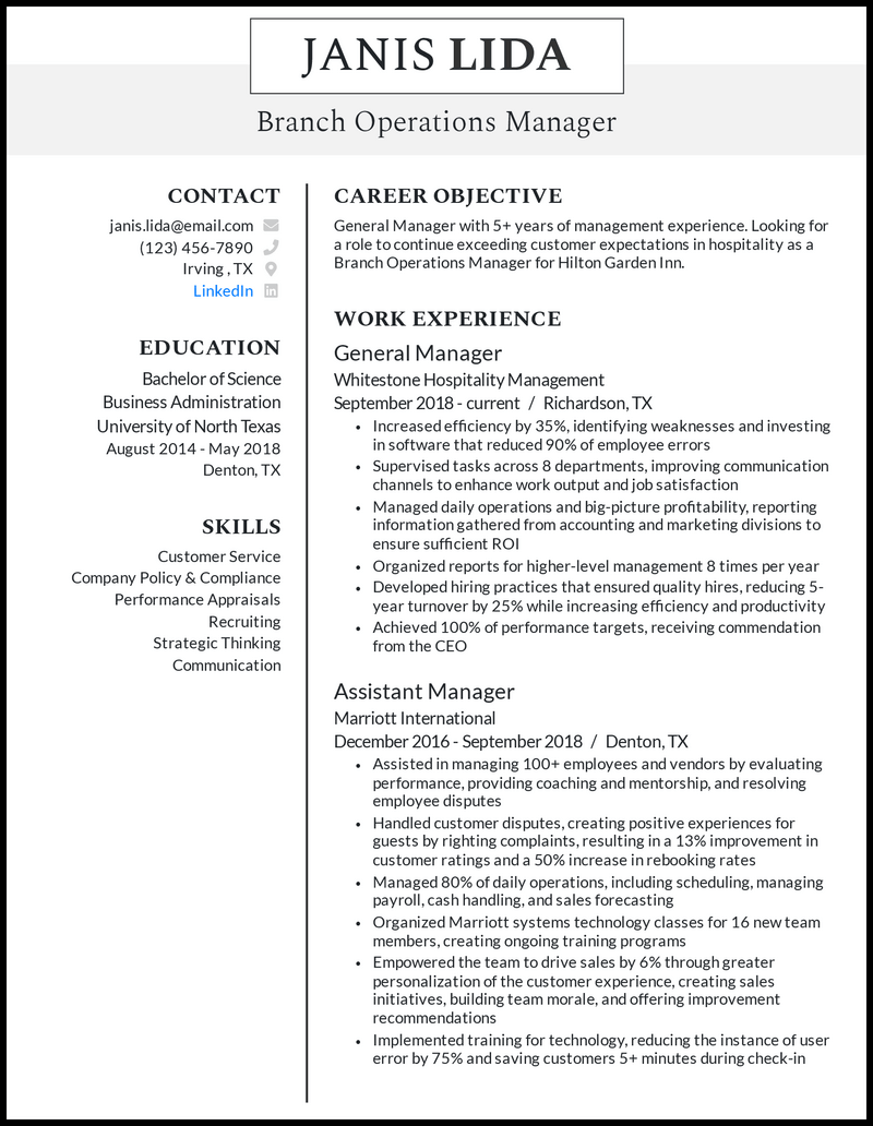 Bank Operations Manager Job Description Resume