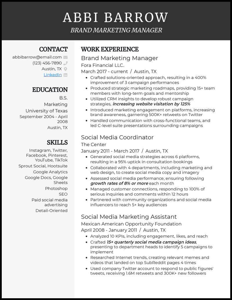 Clean brand marketing manager resume example