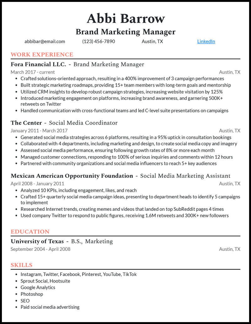 Modern brand marketing manager resume example