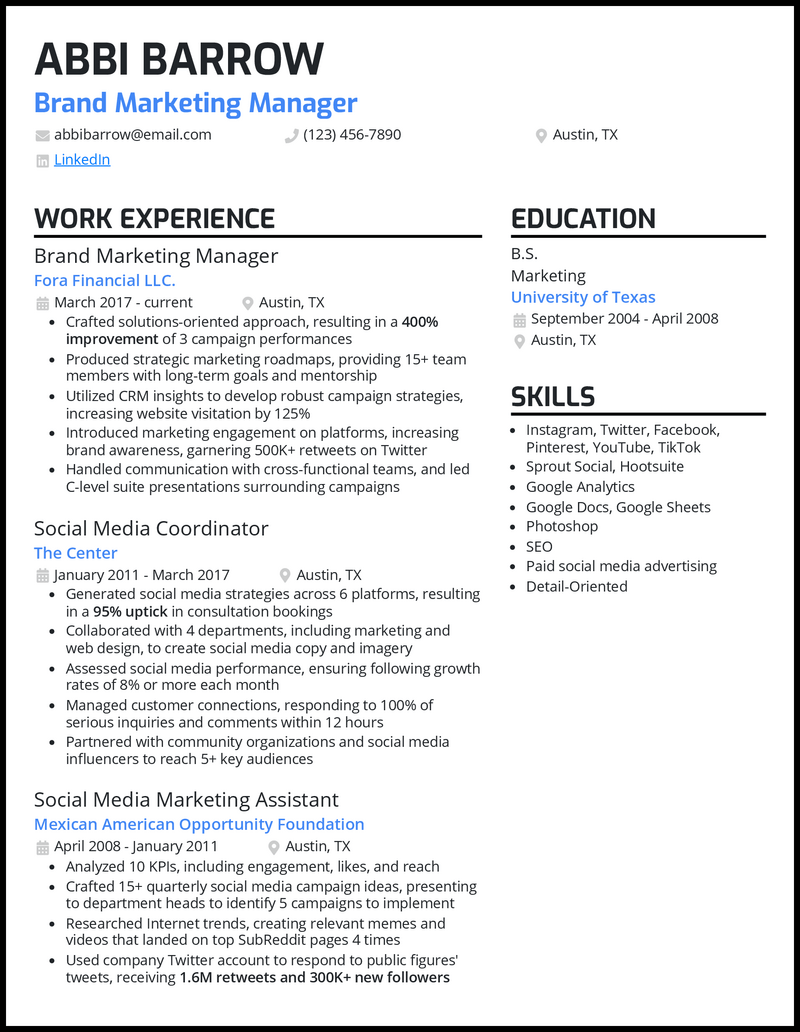 Brand marketing manager resume example with 6+ years experience