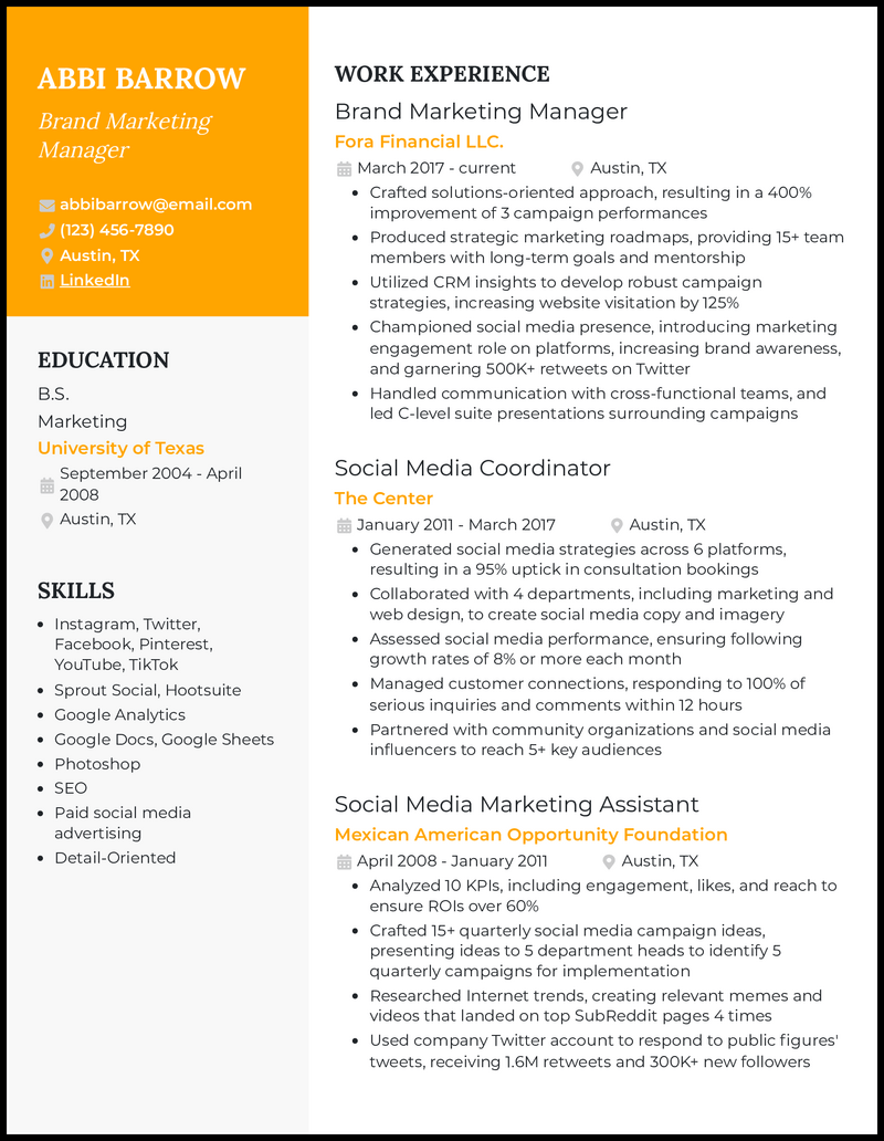 20 Social Media Manager Resume - Brand Marketing Manager Yellow Resume Example 