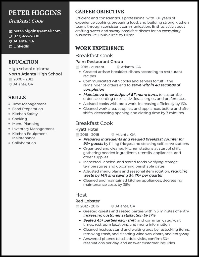 Breakfast cook resume example with 5+ years experience