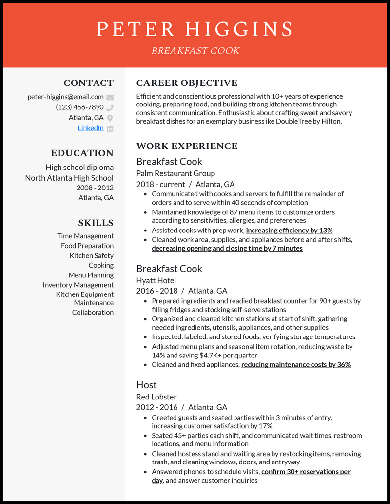 3 Breakfast Cook Resume Examples Proven to Work in 2024