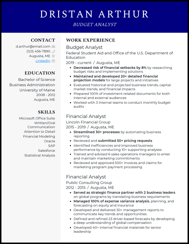 Budget analyst resume example with 8+ years experience