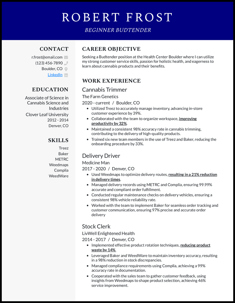 Budtender no experience resume example with cannabis trimming experience