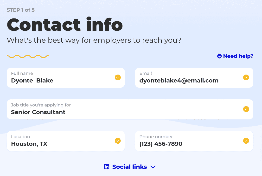 BeamJobs’ consulting resume builder contact section