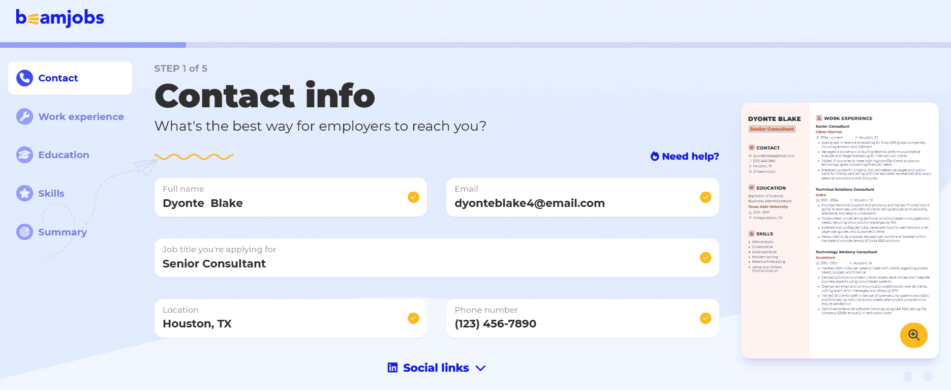 BeamJobs’ step by step guide to build your consulting resume starting with contact info