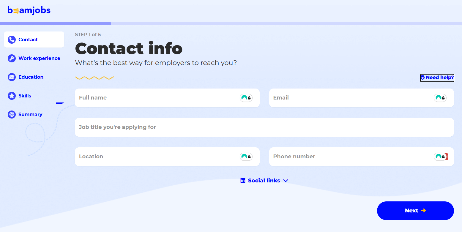 Resume builder workflow showing contact information