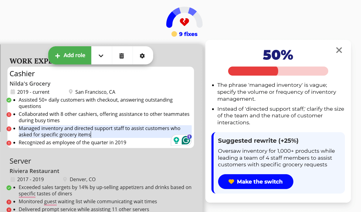 The bullet point generator helps BeamJobs' users improve their points