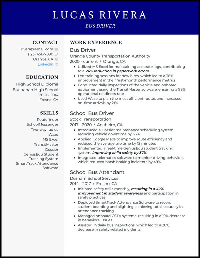 Bus driver resume example with 6 years of experience