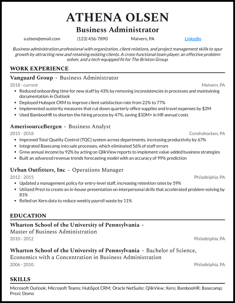 Clean business administration resume example with 4+ years experience