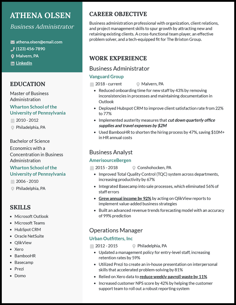 Business administration resume example with 5+ years of experience