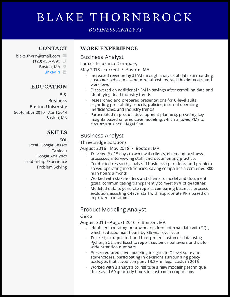 Business analyst resume example