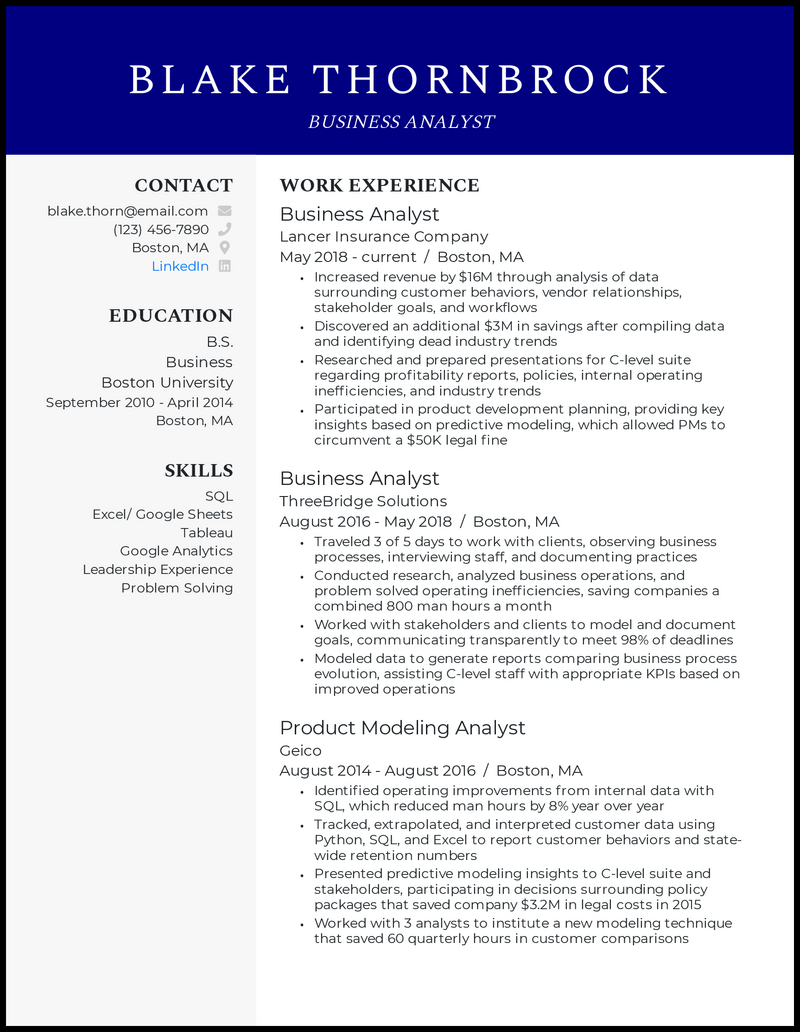 Business Analyst Resume Example