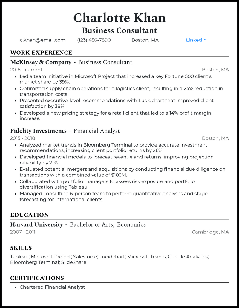 Modern business consultant resume example with 5+ years experience