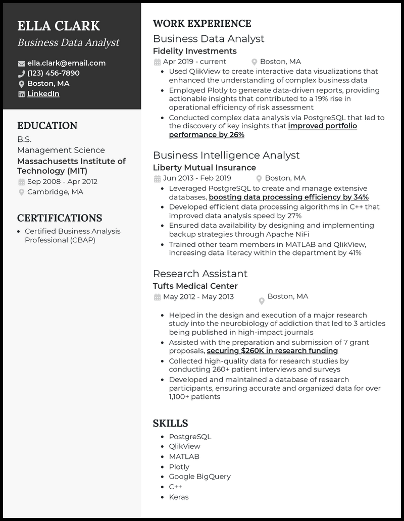 Professional business data analyst resume example with 7+ years experience