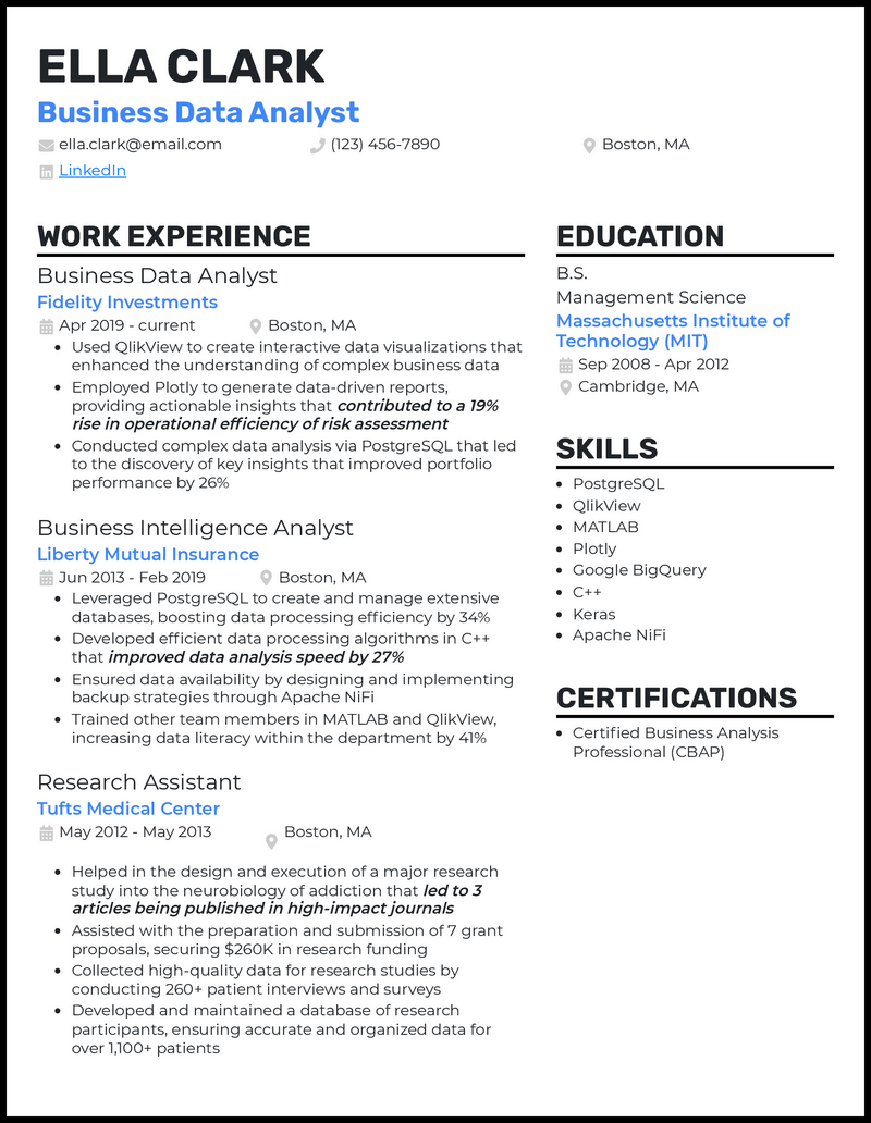 Business data analyst resume example with 7+ years experience