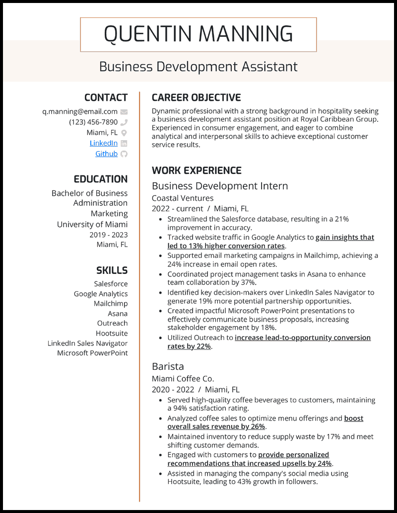 Business development assistant resume example with 1 year of experience