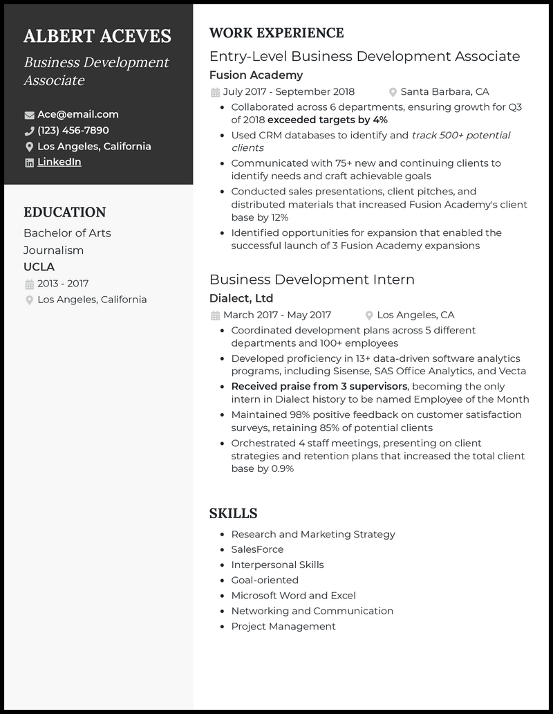 Business development associate resume example with 6+ years experience