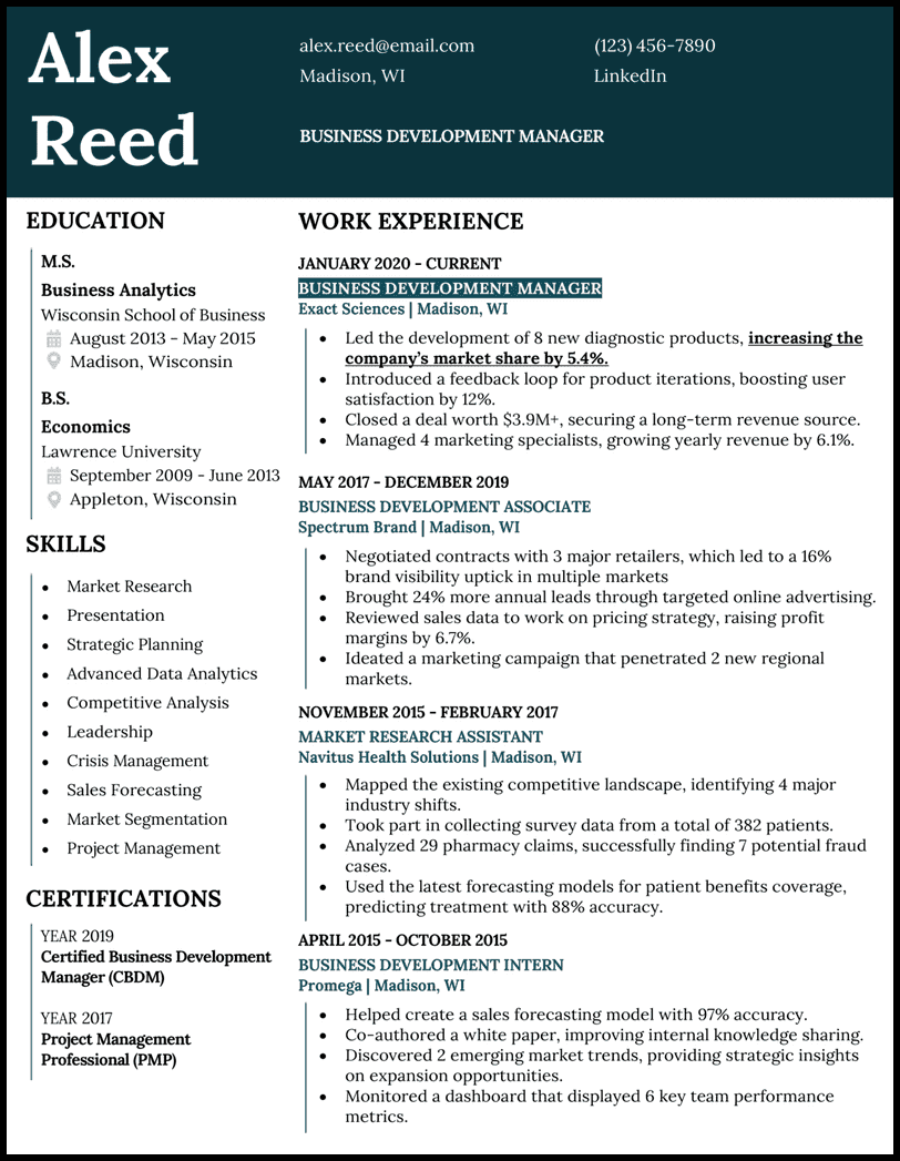 Business resume template for Word and Google Docs