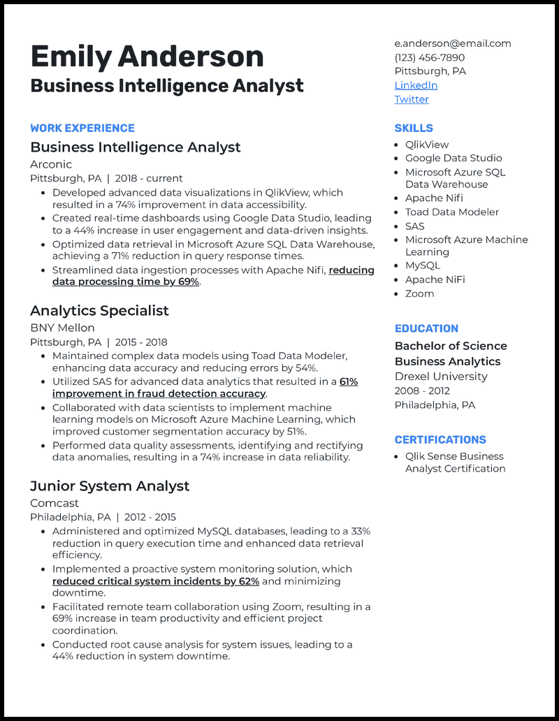 Business intelligence analyst 4 resume example with 8 years of experience