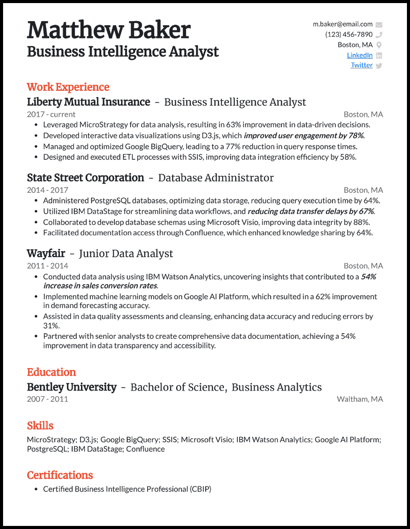 Business intelligence analyst 5 resume example with 10+ years of experience