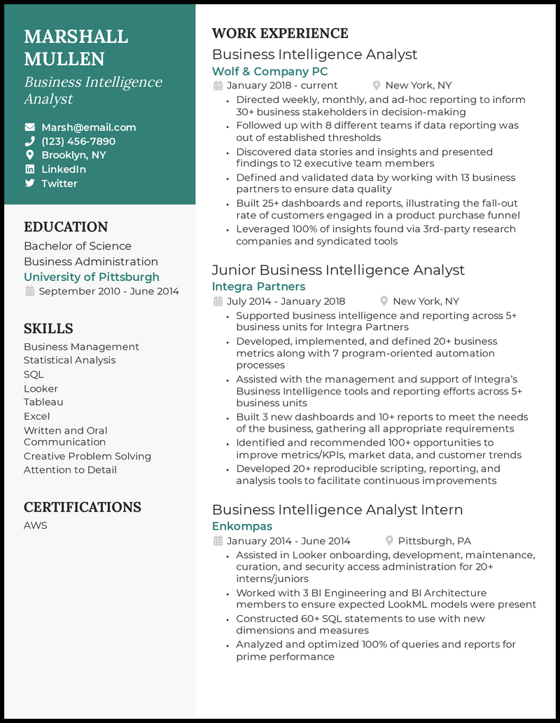 Business Intelligence Analyst Resume Example