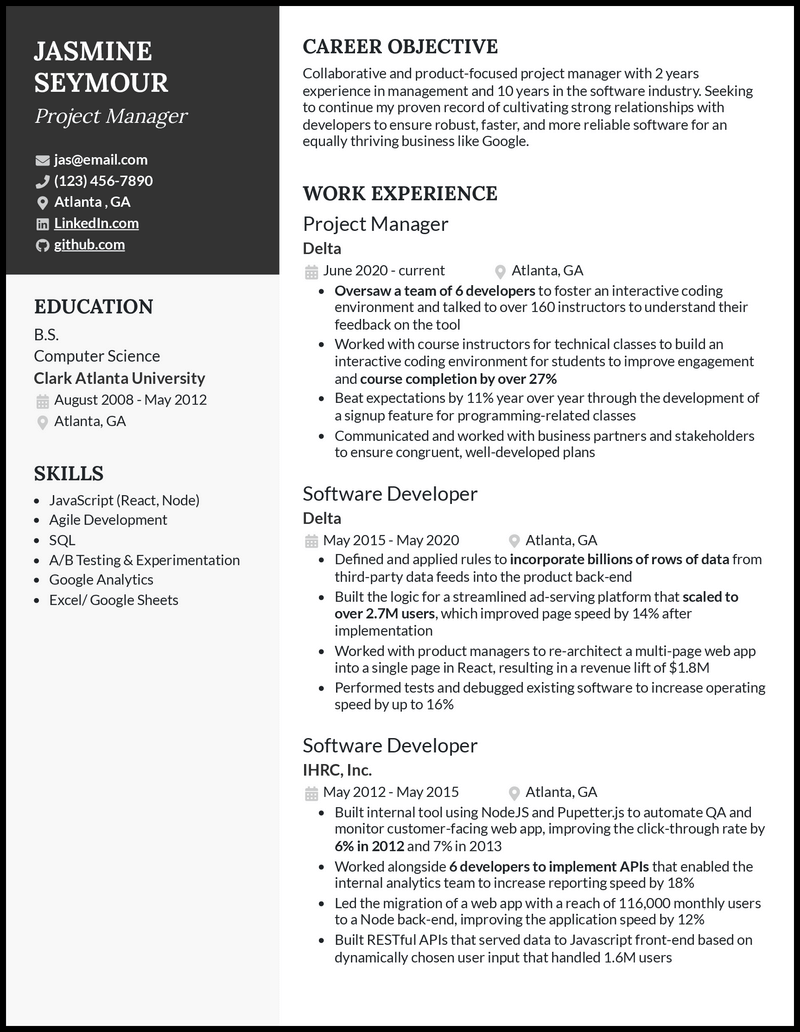 Business manager resume example with 8 years' experience