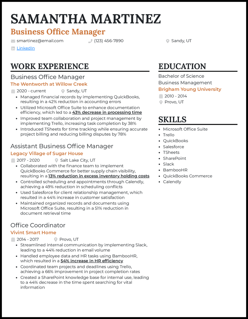 Business office manager resume example with 9 years of experience