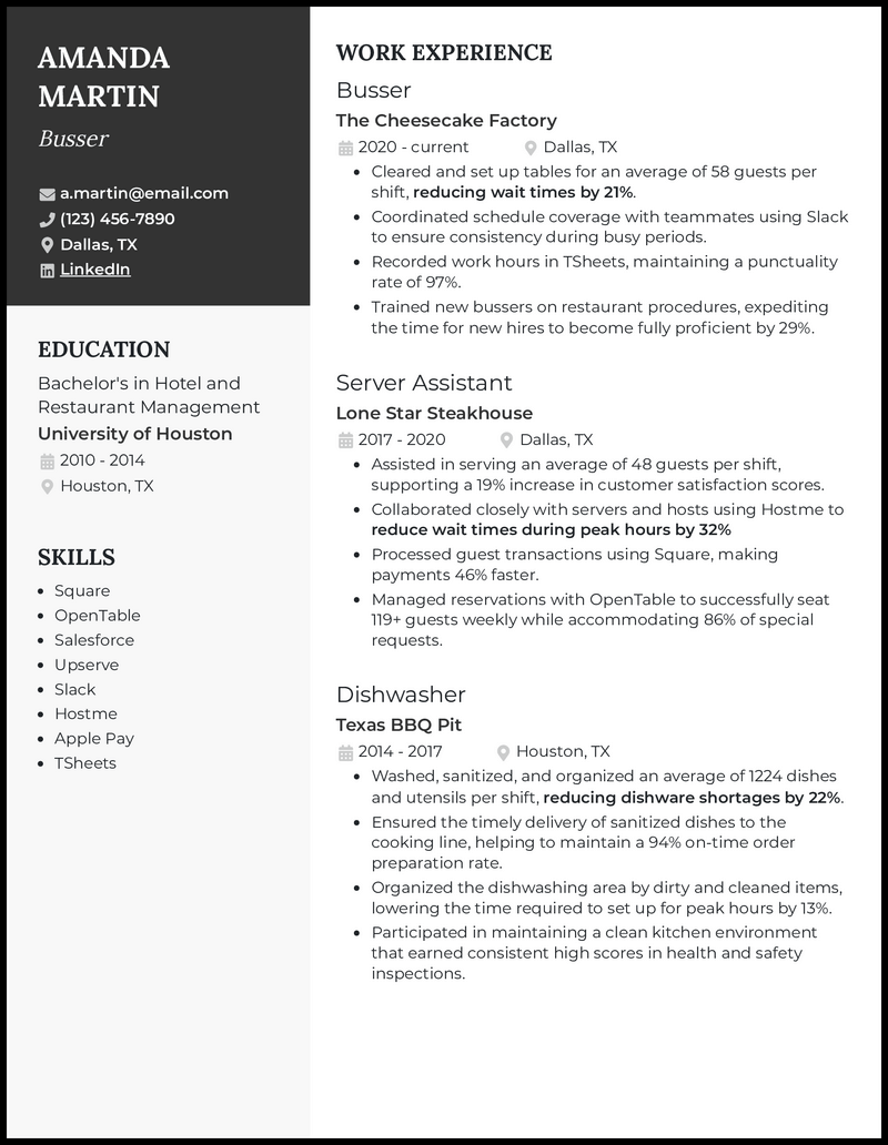 5 Busser Resume Examples That Worked in 2024