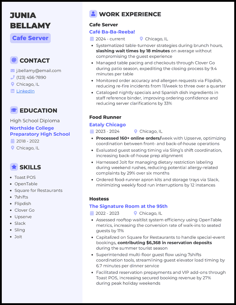 Cafe server resume example with 3 years of experience