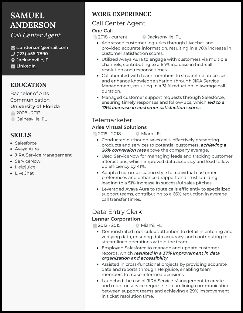 Call center agent resume example with 5 years of experience